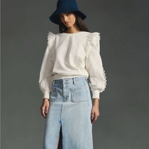 Anthropologie Cream Lace Ruffle Sweatshirt